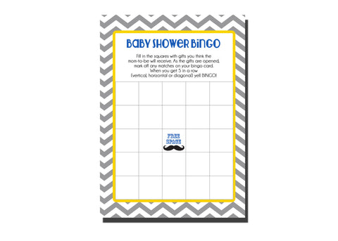 Baby Shower Bingo Game Card, Yellow, Grey and blue, Instant Download, Digital file,