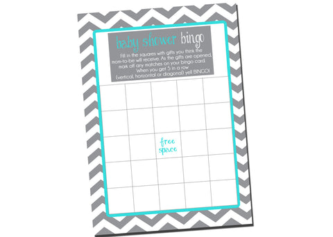 Bingo Game Card for Baby Shower Turqouise and Grey, Instant Download, Digital file,