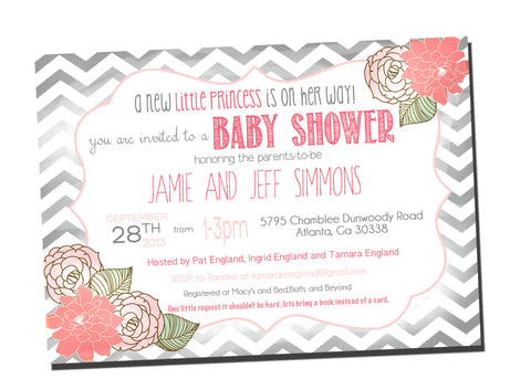 Baby Girl Shower Invitation Shabby Chic, Chevron Invitation Pink and Grey,