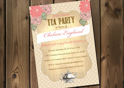 Tea Party Bridal Shower Shabby Chic Invitation, Digital File, PRINTABLE