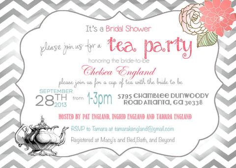 Tea Party Bridal Shower Shabby Chic Invitation, Chevron Digital File, PRINTABLE