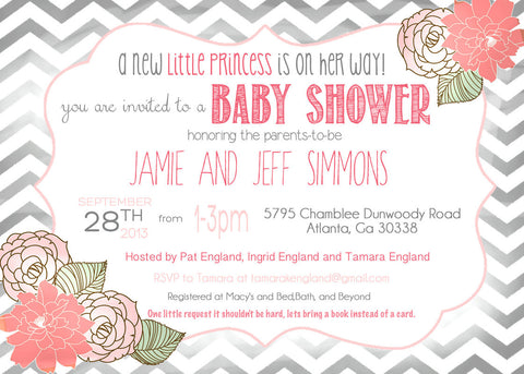 Baby Girl Shower Invitation Shabby Chic, Chevron Invitation Pink and Grey,