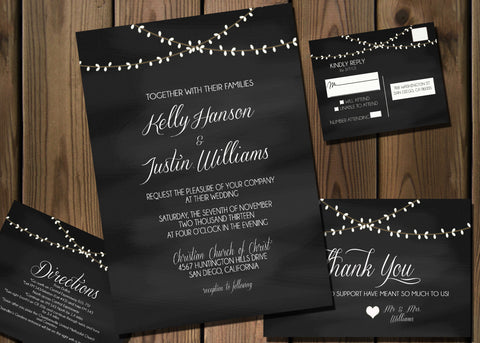 Chalkboard and lights wedding Invitation Package, Digital File