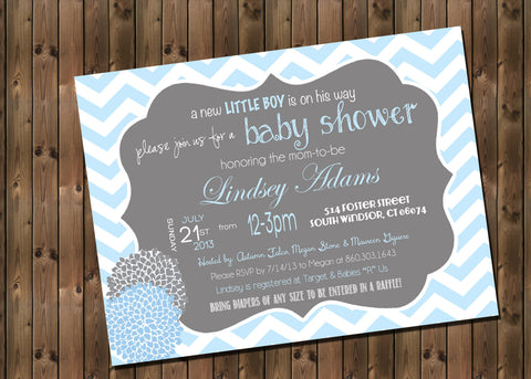 Baby Boy Shower Invitation, Chevron Invitation Blue and Grey, Digital File, PRINTABLE