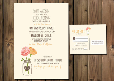 Vintage Wedding Invitation Package with Flowers and Mason Jar, Simple Casual, Digital File Wedding Package