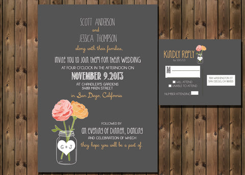 Flowers in a Mason Jar, Wedding Invitation, Personalized, Digital File