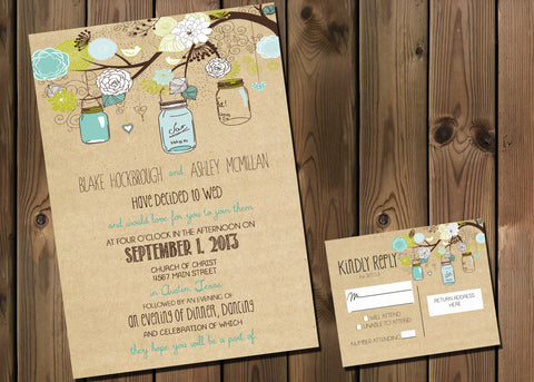 rustic Wedding Invitation Package with Flowers and Jars, casual, Digital File Wedding Package