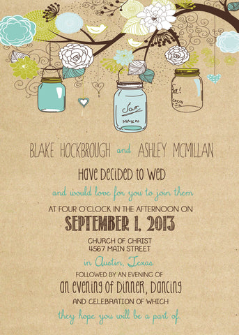 rustic Wedding Invitation Package with Flowers and Jars, casual, Digital File Wedding Package