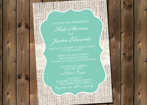 Simple Rustic Wedding Invitation with burlap and lace, casual, Digital File Wedding Package