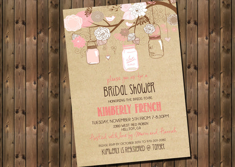 Bridal Shower Invitation Rustic with Mason Jars and Flowers