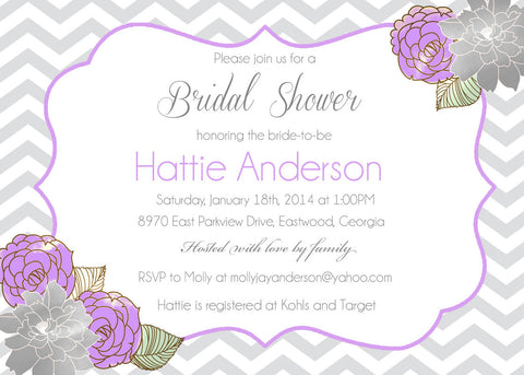 Bridal Shower Invitation or Baby Shower Purple and Grey Chevron Invitation