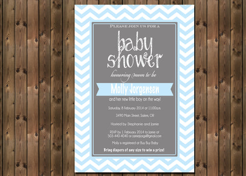 Baby Boy Shower Chevron Invitation, Digital File, PRINTABLE