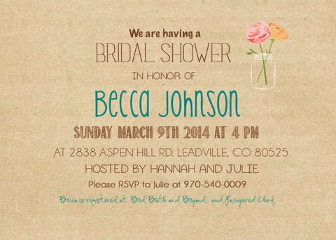 Rustic Bridal Shower Invitation with Mason Jars and Flowers