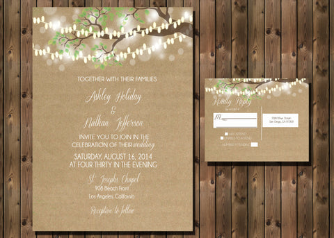 Rustic Wedding Invitation with Lights in Tree on Kraft Paper Background, Digital File