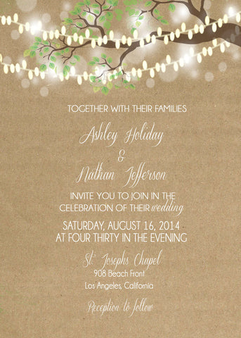 Rustic Wedding Invitation with Lights in Tree on Kraft Paper Background, Digital File