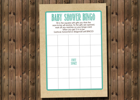 Baby Shower Bingo Game Card, Kraft Paper Design, Instant Download, Digital file,