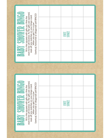 Baby Shower Bingo Game Card, Kraft Paper Design, Instant Download, Digital file,