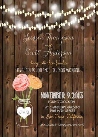 Rustic Wedding Invitation with lights and mason jar Package