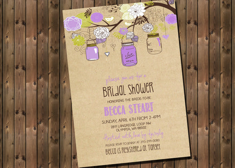 Rustic Bridal Shower or Baby Shower Purple Rustic with Mason Jars and Flowers