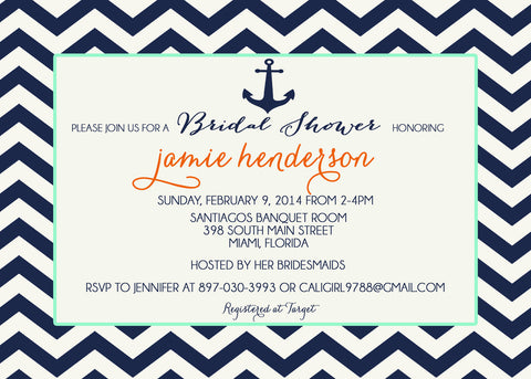 Nautical Anchor Bridal Shower Baby Shower Invitation with Anchor and Chevron