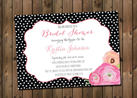 Bridal Shower Invitation Baby Shower Invitation, Polka Dot and Flowers