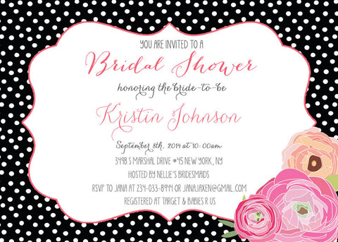 Bridal Shower Invitation Baby Shower Invitation, Polka Dot and Flowers