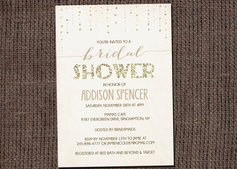 Glitter Looking Bridal Shower or Baby Shower Invitation Gold or Silver