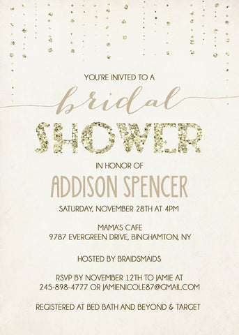 Glitter Looking Bridal Shower or Baby Shower Invitation Gold or Silver