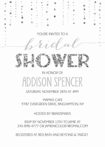 Glitter Looking Bridal Shower or Baby Shower Invitation Silver or Gold, Printable