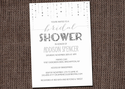 Glitter Looking Bridal Shower or Baby Shower Invitation Silver or Gold, Printable