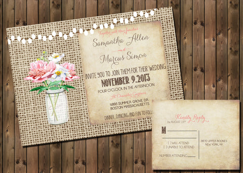 Peony Rustic Wedding Invitation with Lights Mason Jar and Burlap Background, Digital File