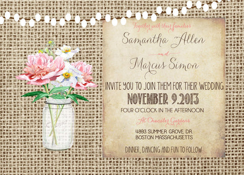 Peony Rustic Wedding Invitation with Lights Mason Jar and Burlap Background, Digital File