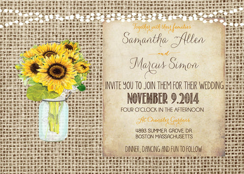 Sunflower Rustic Wedding Invitation with Lights Mason Jar and Burlap Background, Digital File