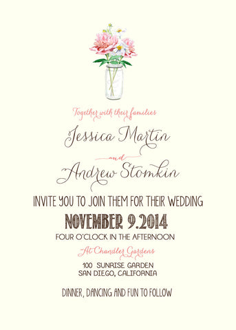 Mason Jar Wedding Invitation, Wedding Invite with Flowers and Mason Jar, Simple Casual, Digital File Wedding Package