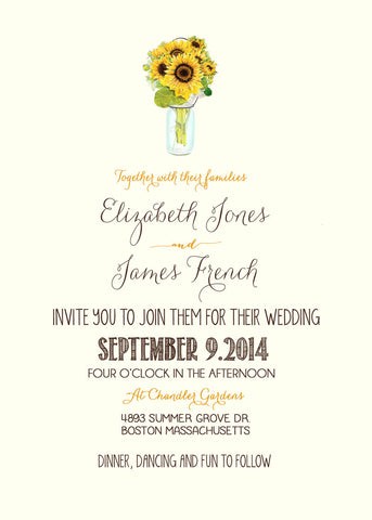 Sunflower Wedding Invitation with Mason Jar, Digital File