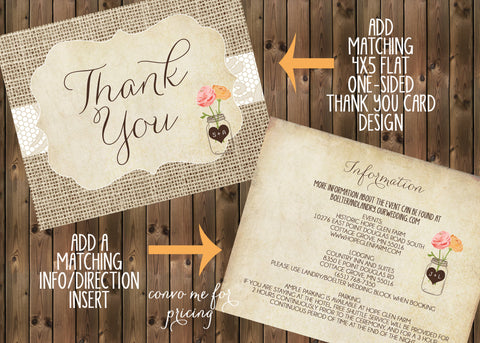 Vintage Rustic Wedding Invitation Package with Flowers and Mason Jar, Simple Casual, Digital File Wedding Package