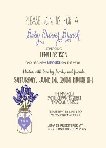 Baby Shower Brunch Invitation Lavender Mason Jar, Digital File, PRINTABLE