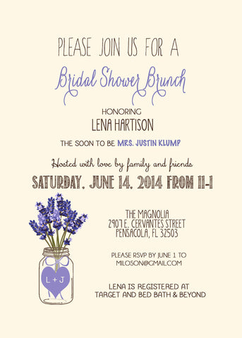 Bridal Shower Brunch Invitation Lavender Mason Jar, Digital File, PRINTABLE