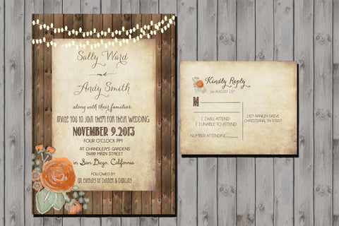 Rustic Wedding Invitation with wood planks and hanging lights, Package