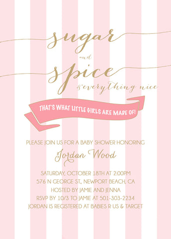 Baby Girl Shower Invitation, Gold and Pink Sugar and Spice, Digital File, PRINTABLE