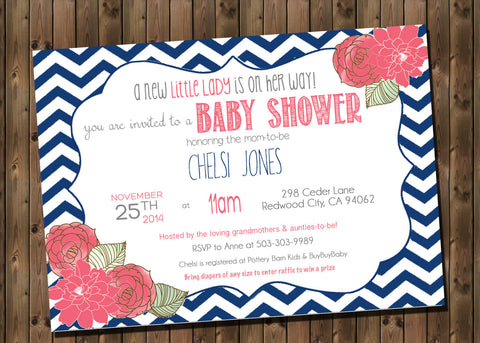 Baby Shower Invitation Pink and Navy Chevron