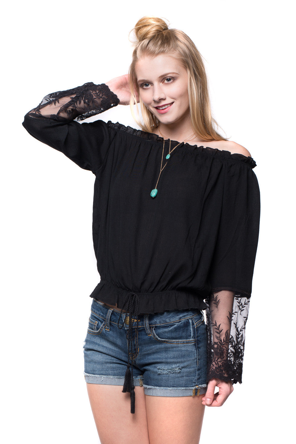 Black Delicate Lace Bell Sleeve Off Shoulder Top – Always Me