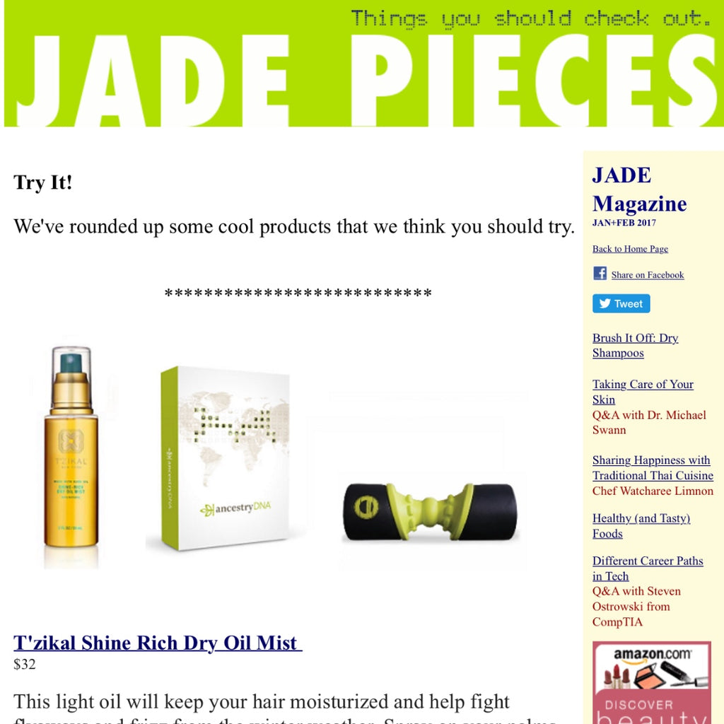 T'zikal All Natural Haircare with Ojon Oil Press Jade Magazine Reviews Shine Rich Dry oil Mist