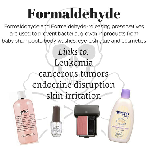formaldehyde links to: leukemia, cancerous tumors, endocrine disruption, skin irritation 