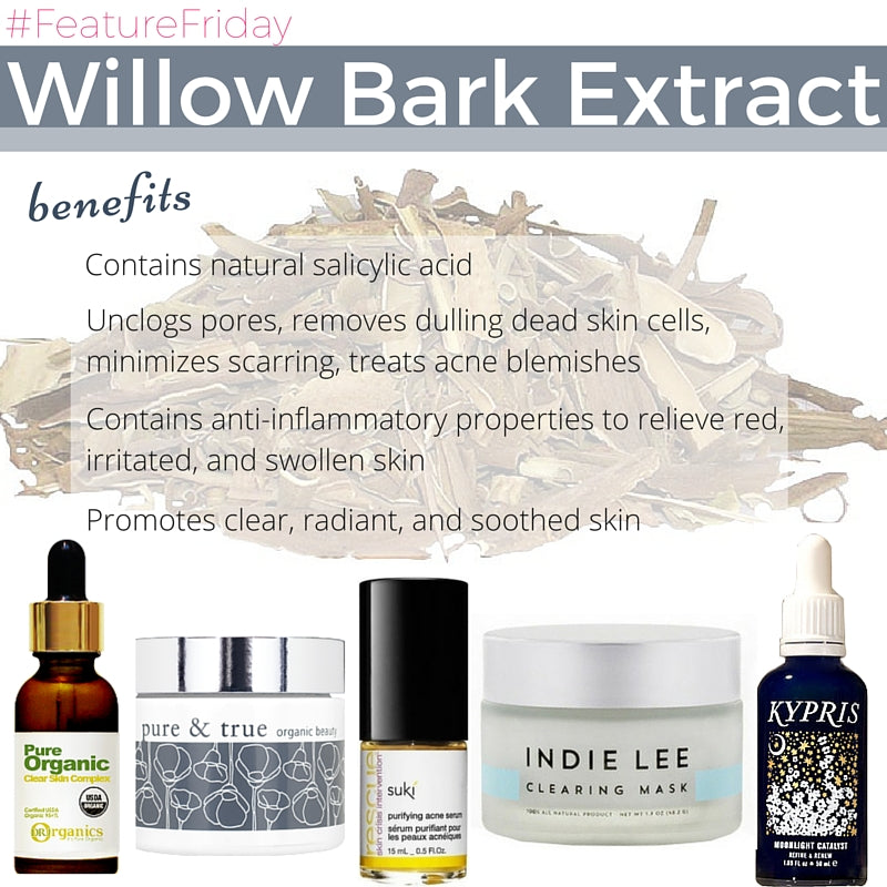 willow bark extract benefits: contains natural salicylic acid. unclogs pores, removes dulling dead skin cells, minimizes scarring, treats acne blemishes. contains anti-inflammatory properties to relieve red, irritated, and swollen skin. promotes clear, radiant, and soothed skin. 