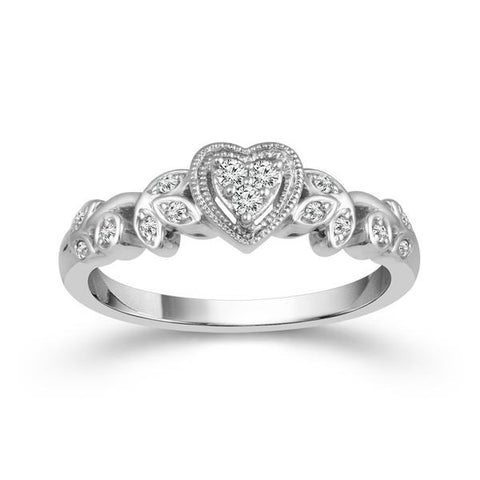 Valentine's Day Gift Ideas - Diamond Heart Shaped Promise Ring with Floral Design