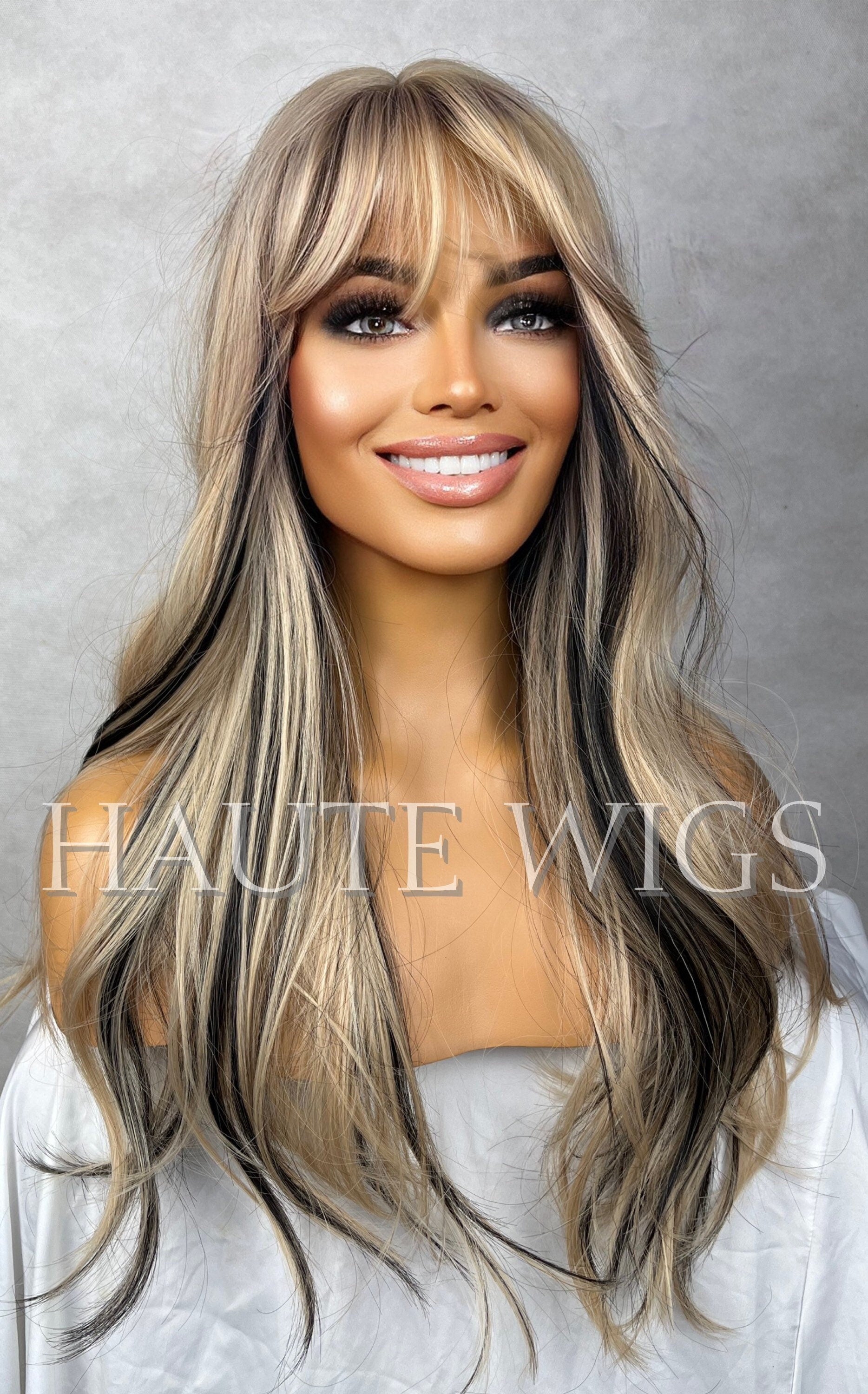 24 Inch Long Sexy Blonde Wig W. Black Highlights Lowlights Womens Hair –  Haute Wigs