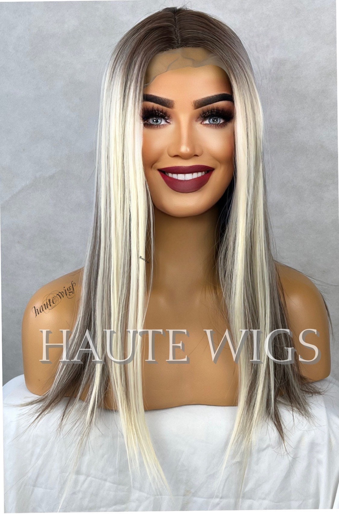 20 Inch Long Sexy Platinum Blonde Highlights Wig Brown Lowlights Women –  Haute Wigs