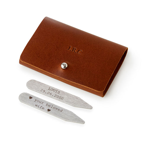 personalised collar stiffeners with leather pouch by man gun bear