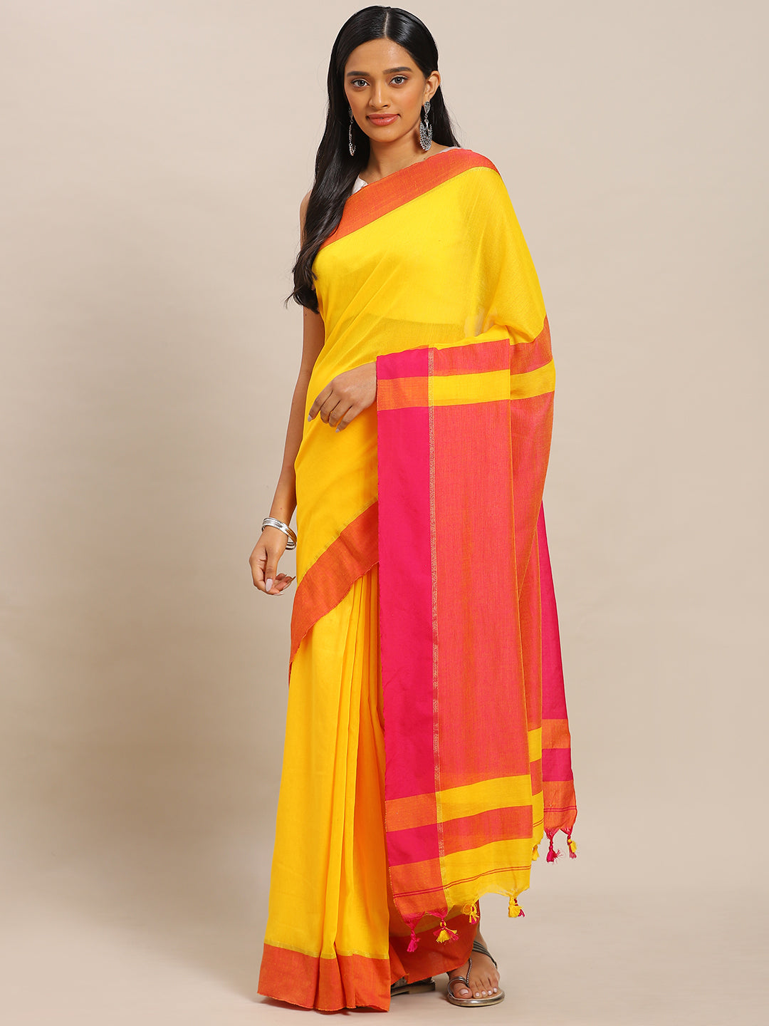 Yellow & Pink Pure Cotton Solid Bengal Handloom Soft Khadi Saree ...